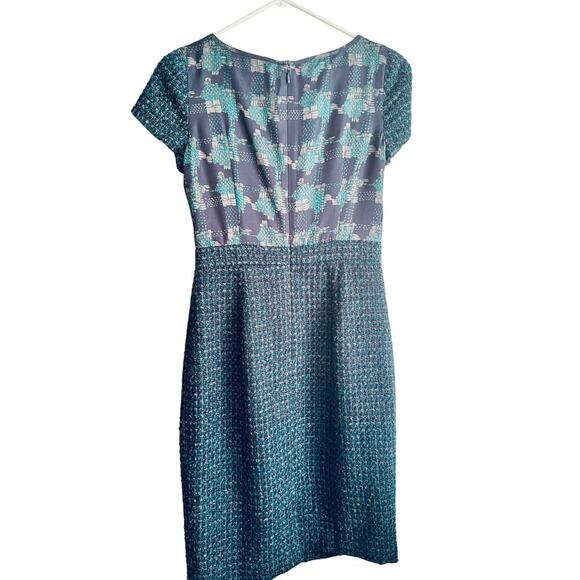 Talbots Tweed Teal Navy Abstract Top Pencil Dress sz 2 - Picture 3 of 6